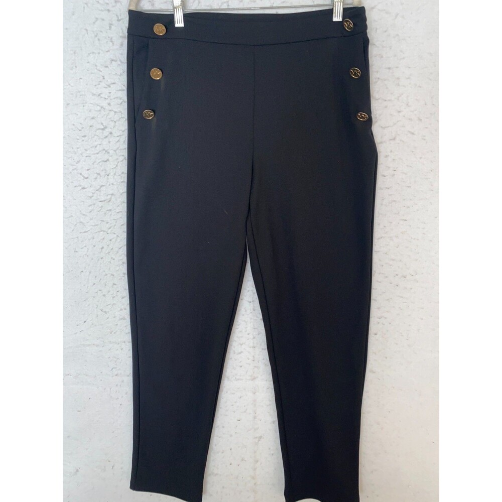 Michael Kors Black Gold Logo Buttons Pockets Flat Front Slacks Pants Trousers L